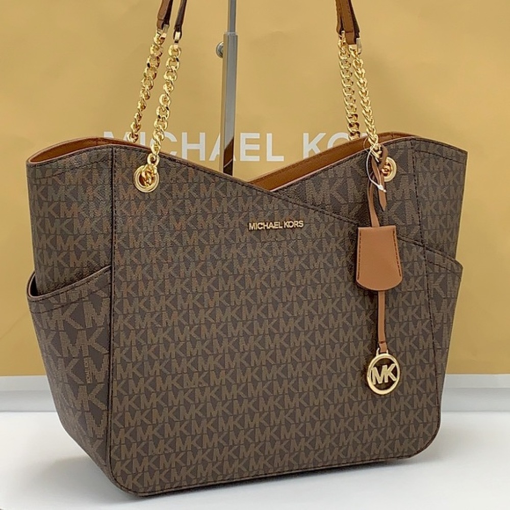 MICHAEL KORS LARGE X CHAIN LOGO SHOULDER BAG BROWN - Picture 1 of 16